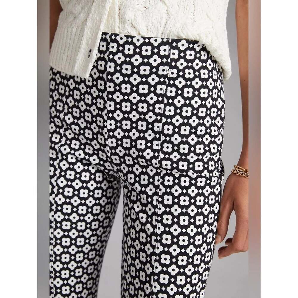 Maeve Anthropologie Kick-Flare Cropped Pants Floral Size Small Black White Mod
